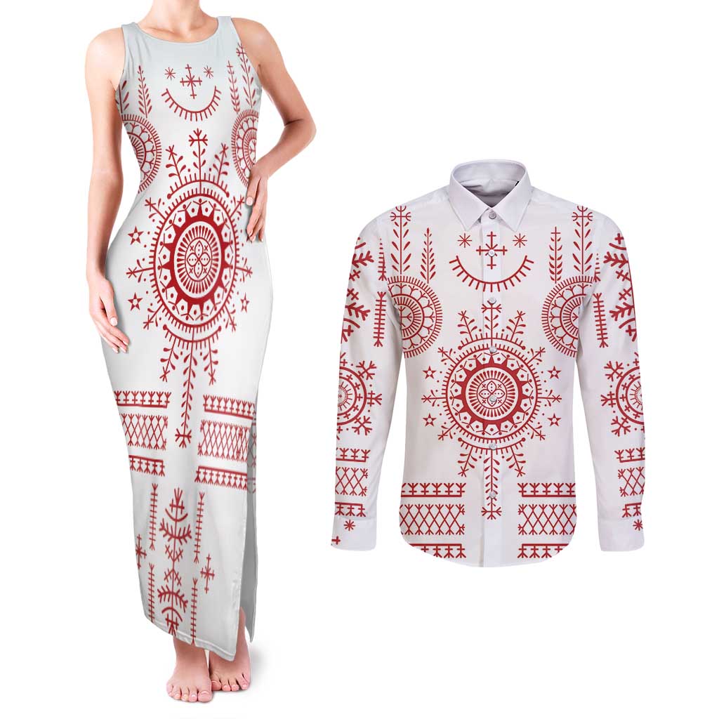 Croatia Sicanje Tattoo Kolo Inspired Couples Matching Tank Maxi Dress and Long Sleeve Button Shirt - Wonder Print Shop