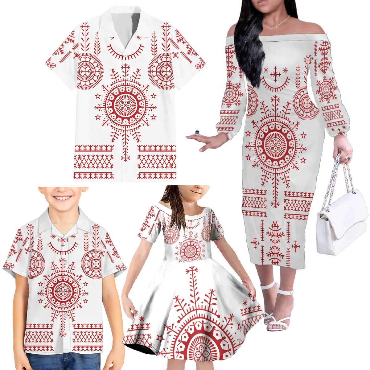 Croatia Sicanje Tattoo Kolo Inspired Family Matching Off The Shoulder Long Sleeve Dress and Hawaiian Shirt - Wonder Print Shop