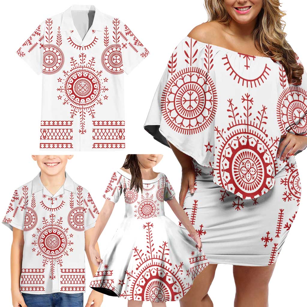 Croatia Sicanje Tattoo Kolo Inspired Family Matching Off Shoulder Short Dress and Hawaiian Shirt - Wonder Print Shop