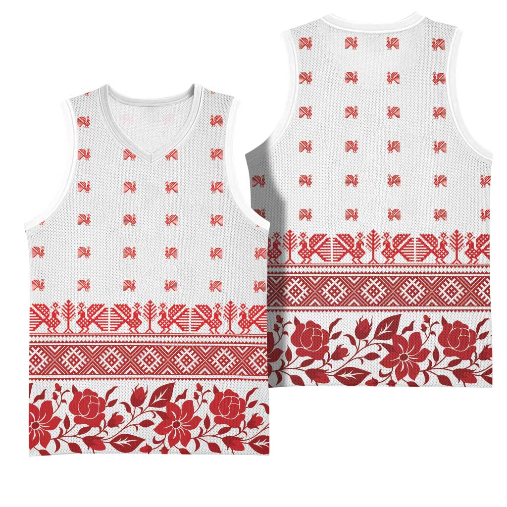 Antique Croatia Folk Embroidery Inspired Pattern Basketball Jersey Roses and Peacocks - Wonder Print Shop