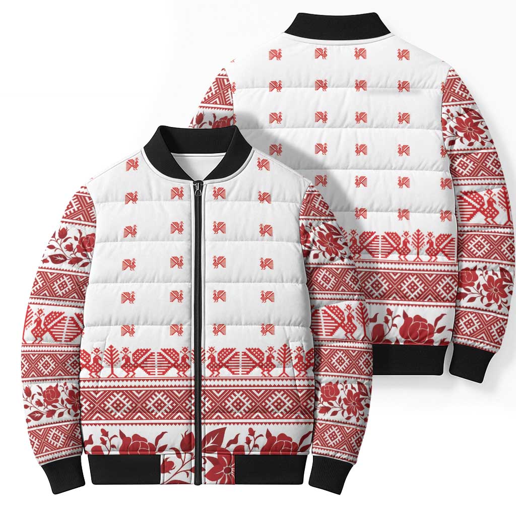 Antique Croatia Folk Embroidery Inspired Pattern Bomber Puffer Jacket Roses and Peacocks - Wonder Print Shop