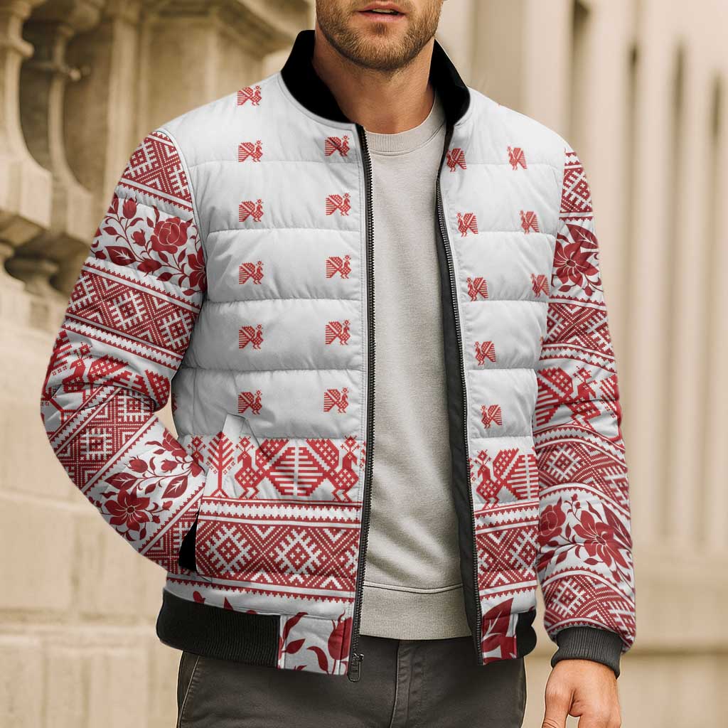 Antique Croatia Folk Embroidery Inspired Pattern Bomber Puffer Jacket Roses and Peacocks - Wonder Print Shop