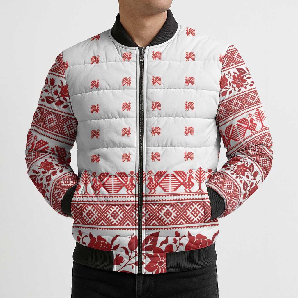 Antique Croatia Folk Embroidery Inspired Pattern Bomber Puffer Jacket Roses and Peacocks - Wonder Print Shop