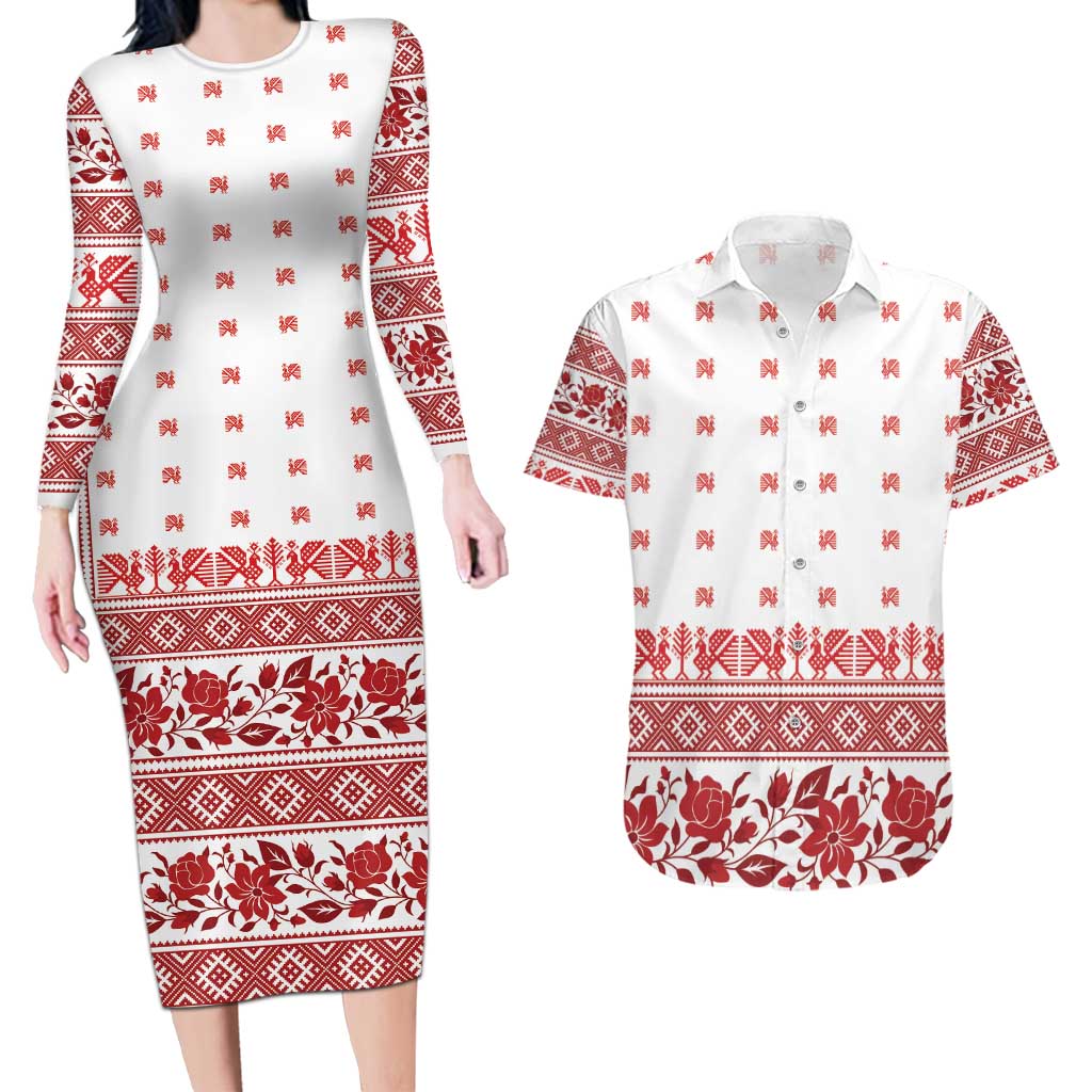 Antique Croatia Folk Embroidery Inspired Pattern Couples Matching Long Sleeve Bodycon Dress and Hawaiian Shirt Roses and Peacocks - Wonder Print Shop