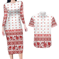 Antique Croatia Folk Embroidery Inspired Pattern Couples Matching Long Sleeve Bodycon Dress and Hawaiian Shirt Roses and Peacocks - Wonder Print Shop