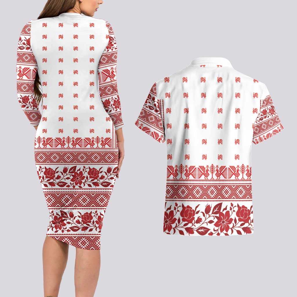Antique Croatia Folk Embroidery Inspired Pattern Couples Matching Long Sleeve Bodycon Dress and Hawaiian Shirt Roses and Peacocks - Wonder Print Shop
