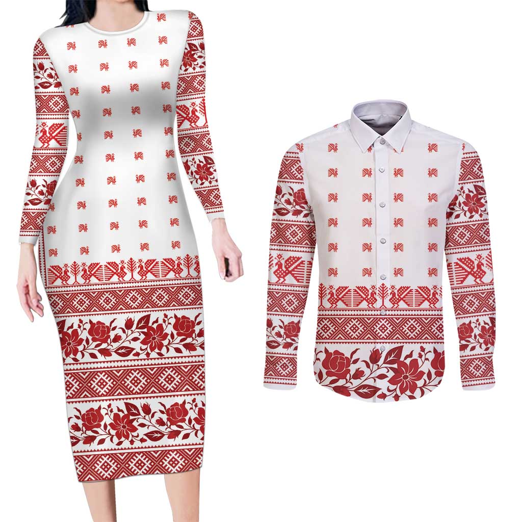 Antique Croatia Folk Embroidery Inspired Pattern Couples Matching Long Sleeve Bodycon Dress and Long Sleeve Button Shirt Roses and Peacocks - Wonder Print Shop