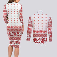 Antique Croatia Folk Embroidery Inspired Pattern Couples Matching Long Sleeve Bodycon Dress and Long Sleeve Button Shirt Roses and Peacocks - Wonder Print Shop