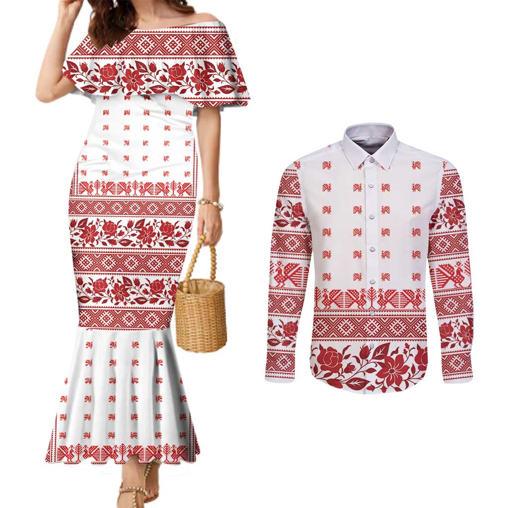 Antique Croatia Folk Embroidery Inspired Pattern Couples Matching Mermaid Dress and Long Sleeve Button Shirt Roses and Peacocks - Wonder Print Shop