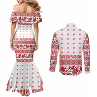 Antique Croatia Folk Embroidery Inspired Pattern Couples Matching Mermaid Dress and Long Sleeve Button Shirt Roses and Peacocks - Wonder Print Shop