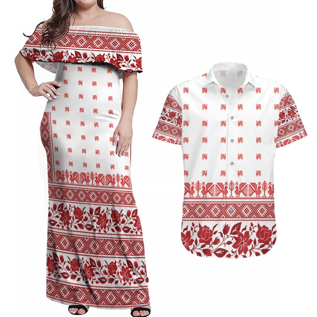 Antique Croatia Folk Embroidery Inspired Pattern Couples Matching Off Shoulder Maxi Dress and Hawaiian Shirt Roses and Peacocks - Wonder Print Shop