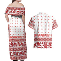 Antique Croatia Folk Embroidery Inspired Pattern Couples Matching Off Shoulder Maxi Dress and Hawaiian Shirt Roses and Peacocks - Wonder Print Shop