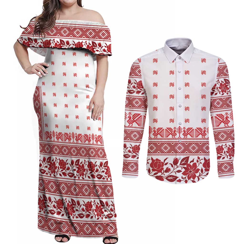 Antique Croatia Folk Embroidery Inspired Pattern Couples Matching Off Shoulder Maxi Dress and Long Sleeve Button Shirt Roses and Peacocks - Wonder Print Shop