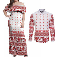 Antique Croatia Folk Embroidery Inspired Pattern Couples Matching Off Shoulder Maxi Dress and Long Sleeve Button Shirt Roses and Peacocks - Wonder Print Shop
