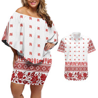 Antique Croatia Folk Embroidery Inspired Pattern Couples Matching Off Shoulder Short Dress and Hawaiian Shirt Roses and Peacocks - Wonder Print Shop