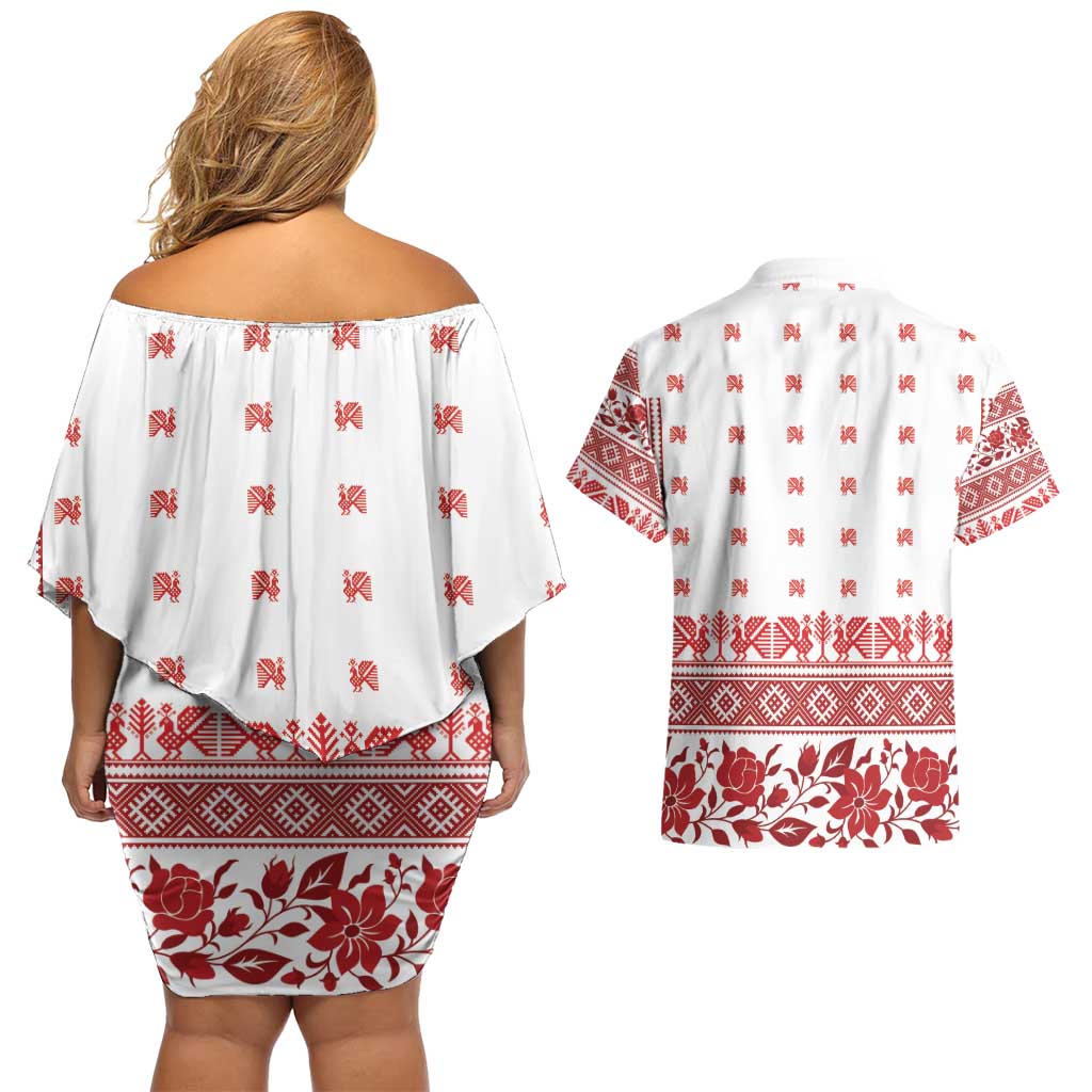 Antique Croatia Folk Embroidery Inspired Pattern Couples Matching Off Shoulder Short Dress and Hawaiian Shirt Roses and Peacocks - Wonder Print Shop