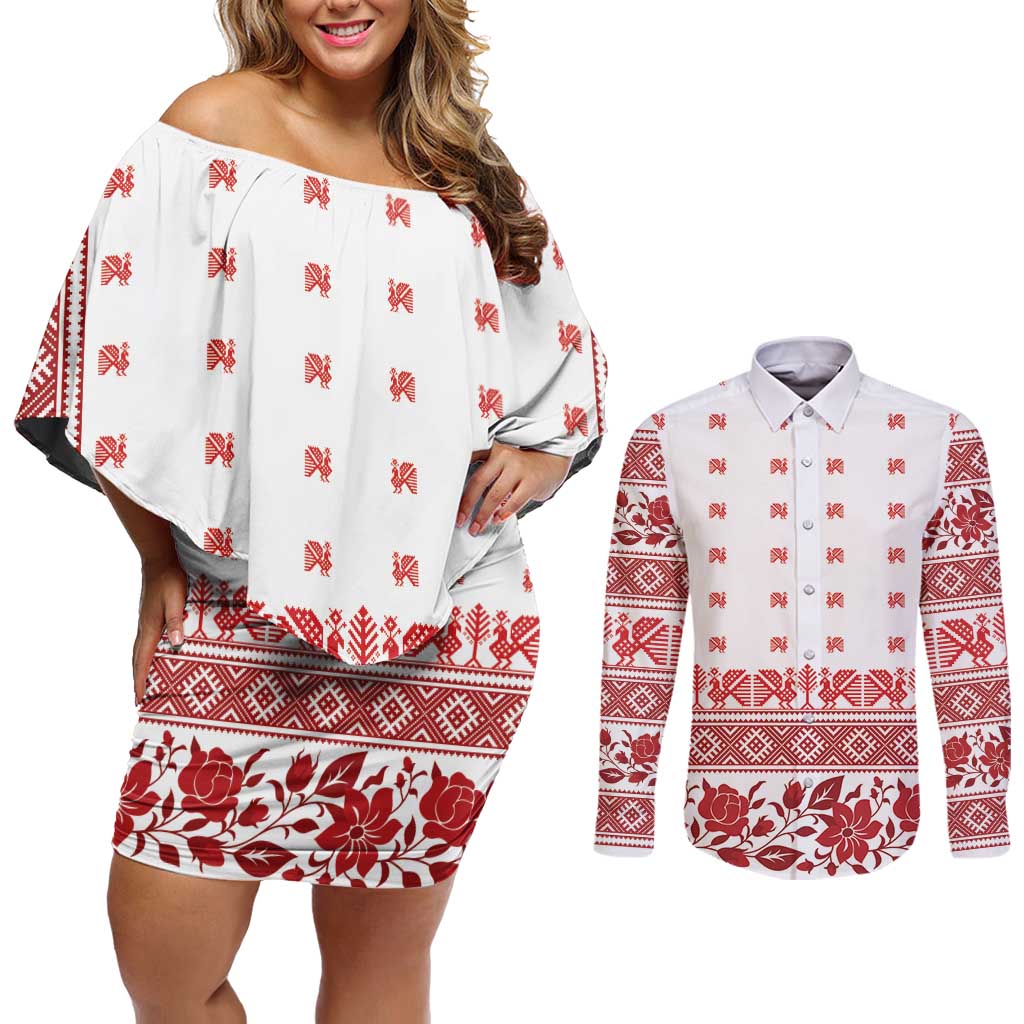 Antique Croatia Folk Embroidery Inspired Pattern Couples Matching Off Shoulder Short Dress and Long Sleeve Button Shirt Roses and Peacocks - Wonder Print Shop