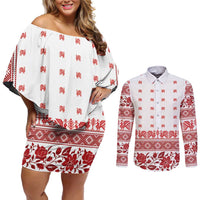 Antique Croatia Folk Embroidery Inspired Pattern Couples Matching Off Shoulder Short Dress and Long Sleeve Button Shirt Roses and Peacocks - Wonder Print Shop
