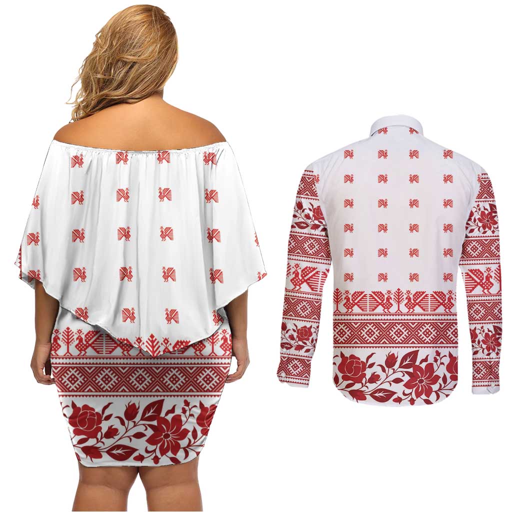 Antique Croatia Folk Embroidery Inspired Pattern Couples Matching Off Shoulder Short Dress and Long Sleeve Button Shirt Roses and Peacocks - Wonder Print Shop