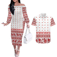 Antique Croatia Folk Embroidery Inspired Pattern Couples Matching Off The Shoulder Long Sleeve Dress and Hawaiian Shirt Roses and Peacocks - Wonder Print Shop