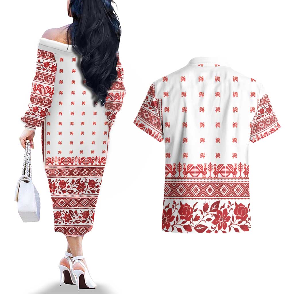 Antique Croatia Folk Embroidery Inspired Pattern Couples Matching Off The Shoulder Long Sleeve Dress and Hawaiian Shirt Roses and Peacocks - Wonder Print Shop