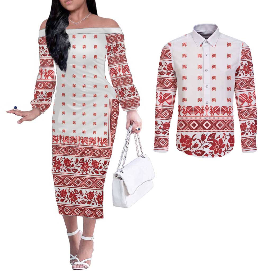 Antique Croatia Folk Embroidery Inspired Pattern Couples Matching Off The Shoulder Long Sleeve Dress and Long Sleeve Button Shirt Roses and Peacocks - Wonder Print Shop