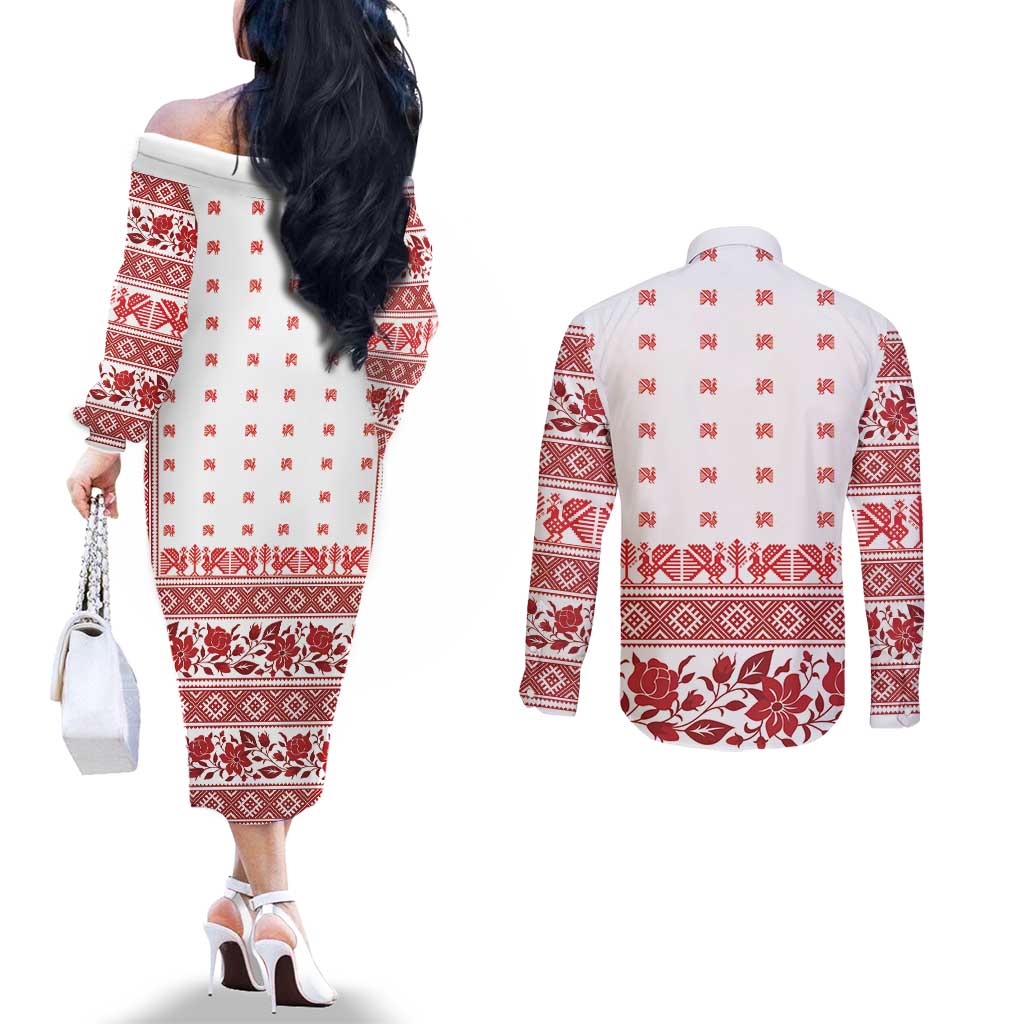 Antique Croatia Folk Embroidery Inspired Pattern Couples Matching Off The Shoulder Long Sleeve Dress and Long Sleeve Button Shirt Roses and Peacocks - Wonder Print Shop