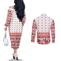 Antique Croatia Folk Embroidery Inspired Pattern Couples Matching Off The Shoulder Long Sleeve Dress and Long Sleeve Button Shirt Roses and Peacocks - Wonder Print Shop