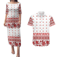 Antique Croatia Folk Embroidery Inspired Pattern Couples Matching Puletasi and Hawaiian Shirt Roses and Peacocks - Wonder Print Shop
