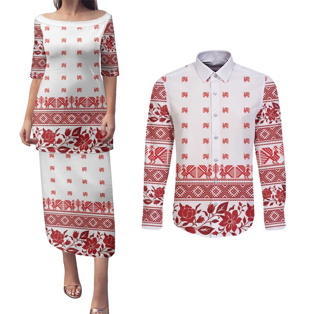 Antique Croatia Folk Embroidery Inspired Pattern Couples Matching Puletasi and Long Sleeve Button Shirt Roses and Peacocks - Wonder Print Shop