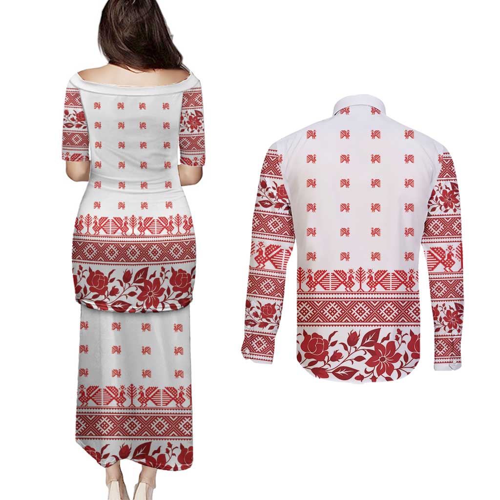 Antique Croatia Folk Embroidery Inspired Pattern Couples Matching Puletasi and Long Sleeve Button Shirt Roses and Peacocks - Wonder Print Shop