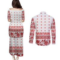 Antique Croatia Folk Embroidery Inspired Pattern Couples Matching Puletasi and Long Sleeve Button Shirt Roses and Peacocks - Wonder Print Shop