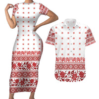 Antique Croatia Folk Embroidery Inspired Pattern Couples Matching Short Sleeve Bodycon Dress and Hawaiian Shirt Roses and Peacocks - Wonder Print Shop