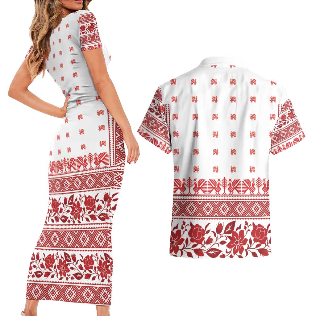 Antique Croatia Folk Embroidery Inspired Pattern Couples Matching Short Sleeve Bodycon Dress and Hawaiian Shirt Roses and Peacocks - Wonder Print Shop
