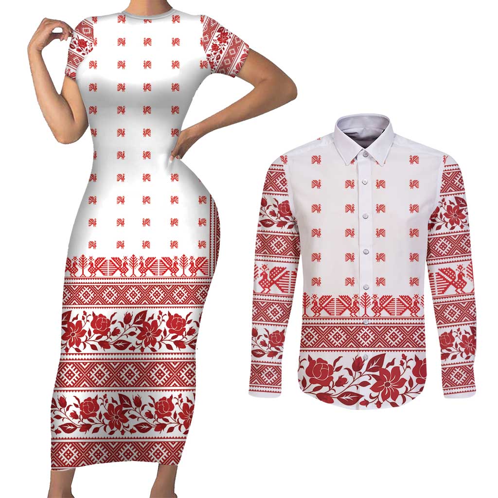 Antique Croatia Folk Embroidery Inspired Pattern Couples Matching Short Sleeve Bodycon Dress and Long Sleeve Button Shirt Roses and Peacocks - Wonder Print Shop