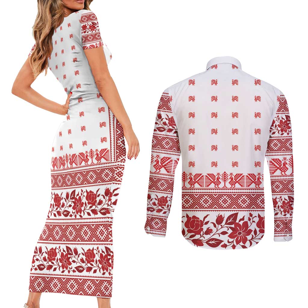 Antique Croatia Folk Embroidery Inspired Pattern Couples Matching Short Sleeve Bodycon Dress and Long Sleeve Button Shirt Roses and Peacocks - Wonder Print Shop