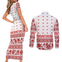 Antique Croatia Folk Embroidery Inspired Pattern Couples Matching Short Sleeve Bodycon Dress and Long Sleeve Button Shirt Roses and Peacocks - Wonder Print Shop