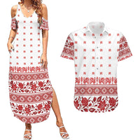 Antique Croatia Folk Embroidery Inspired Pattern Couples Matching Summer Maxi Dress and Hawaiian Shirt Roses and Peacocks - Wonder Print Shop