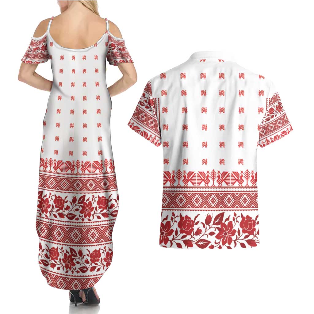 Antique Croatia Folk Embroidery Inspired Pattern Couples Matching Summer Maxi Dress and Hawaiian Shirt Roses and Peacocks - Wonder Print Shop