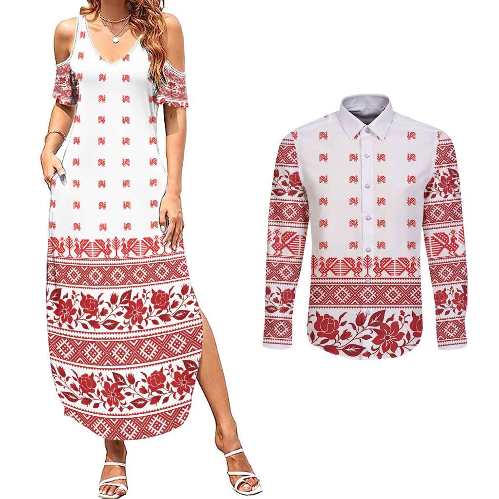 Antique Croatia Folk Embroidery Inspired Pattern Couples Matching Summer Maxi Dress and Long Sleeve Button Shirt Roses and Peacocks - Wonder Print Shop