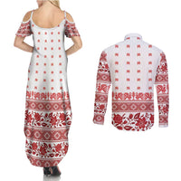 Antique Croatia Folk Embroidery Inspired Pattern Couples Matching Summer Maxi Dress and Long Sleeve Button Shirt Roses and Peacocks - Wonder Print Shop