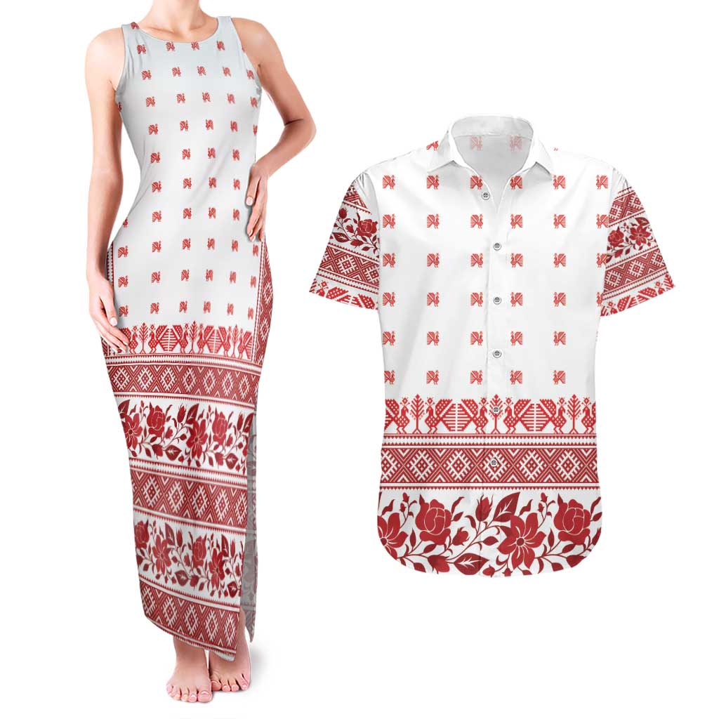 Antique Croatia Folk Embroidery Inspired Pattern Couples Matching Tank Maxi Dress and Hawaiian Shirt Roses and Peacocks - Wonder Print Shop
