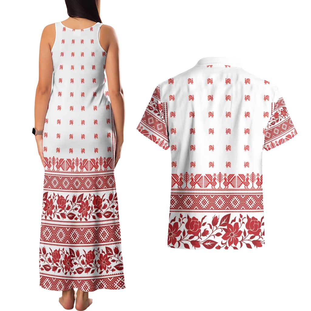 Antique Croatia Folk Embroidery Inspired Pattern Couples Matching Tank Maxi Dress and Hawaiian Shirt Roses and Peacocks - Wonder Print Shop