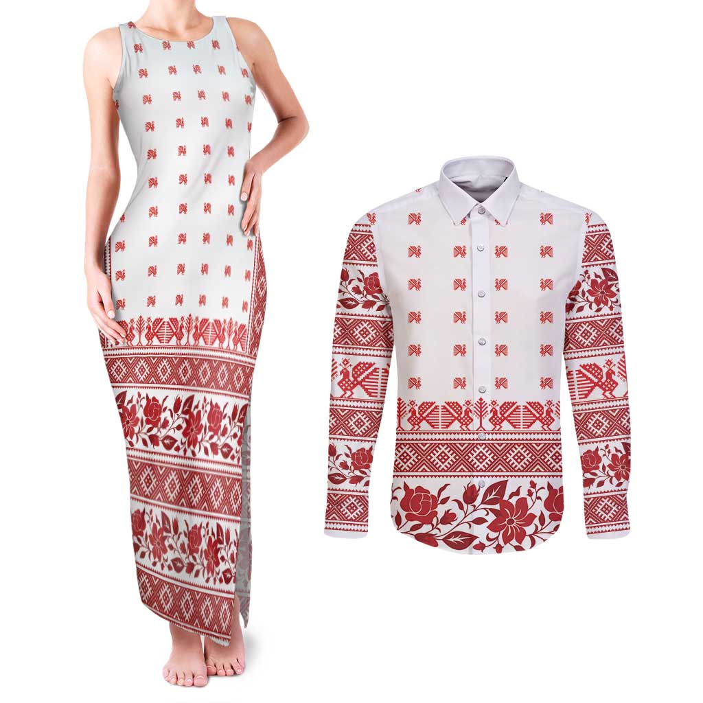 Antique Croatia Folk Embroidery Inspired Pattern Couples Matching Tank Maxi Dress and Long Sleeve Button Shirt Roses and Peacocks - Wonder Print Shop