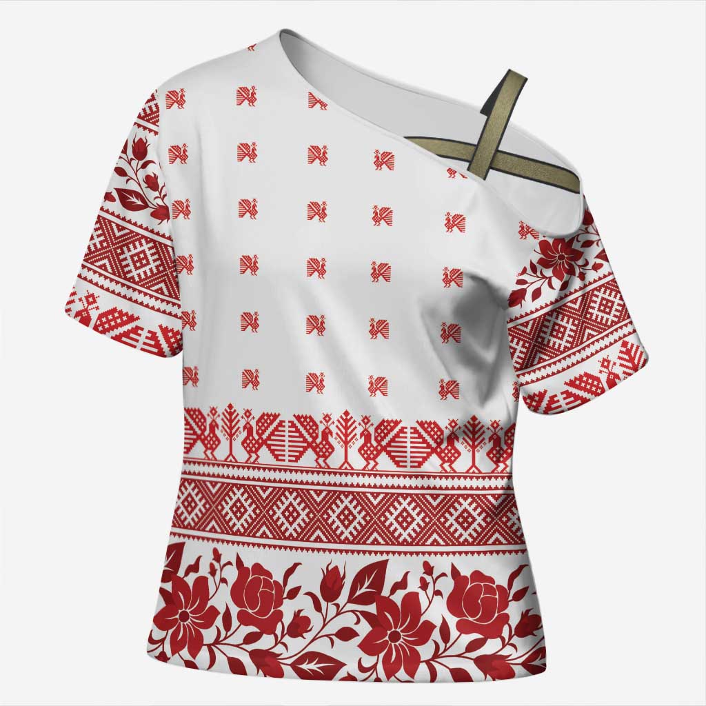 Antique Croatia Folk Embroidery Inspired Pattern Cross Shoulder Shirt Roses and Peacocks - Wonder Print Shop