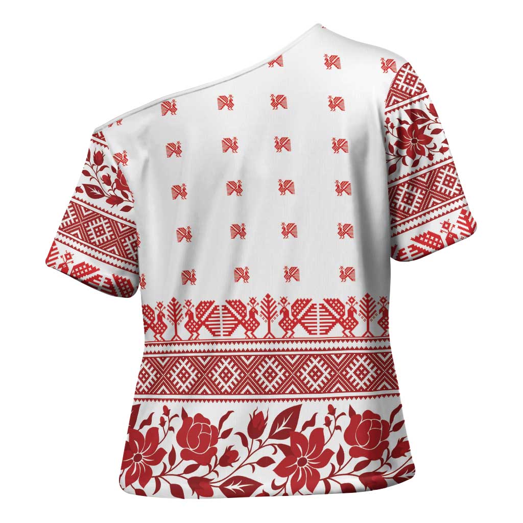 Antique Croatia Folk Embroidery Inspired Pattern Cross Shoulder Shirt Roses and Peacocks - Wonder Print Shop