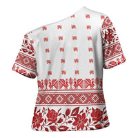 Antique Croatia Folk Embroidery Inspired Pattern Cross Shoulder Shirt Roses and Peacocks - Wonder Print Shop