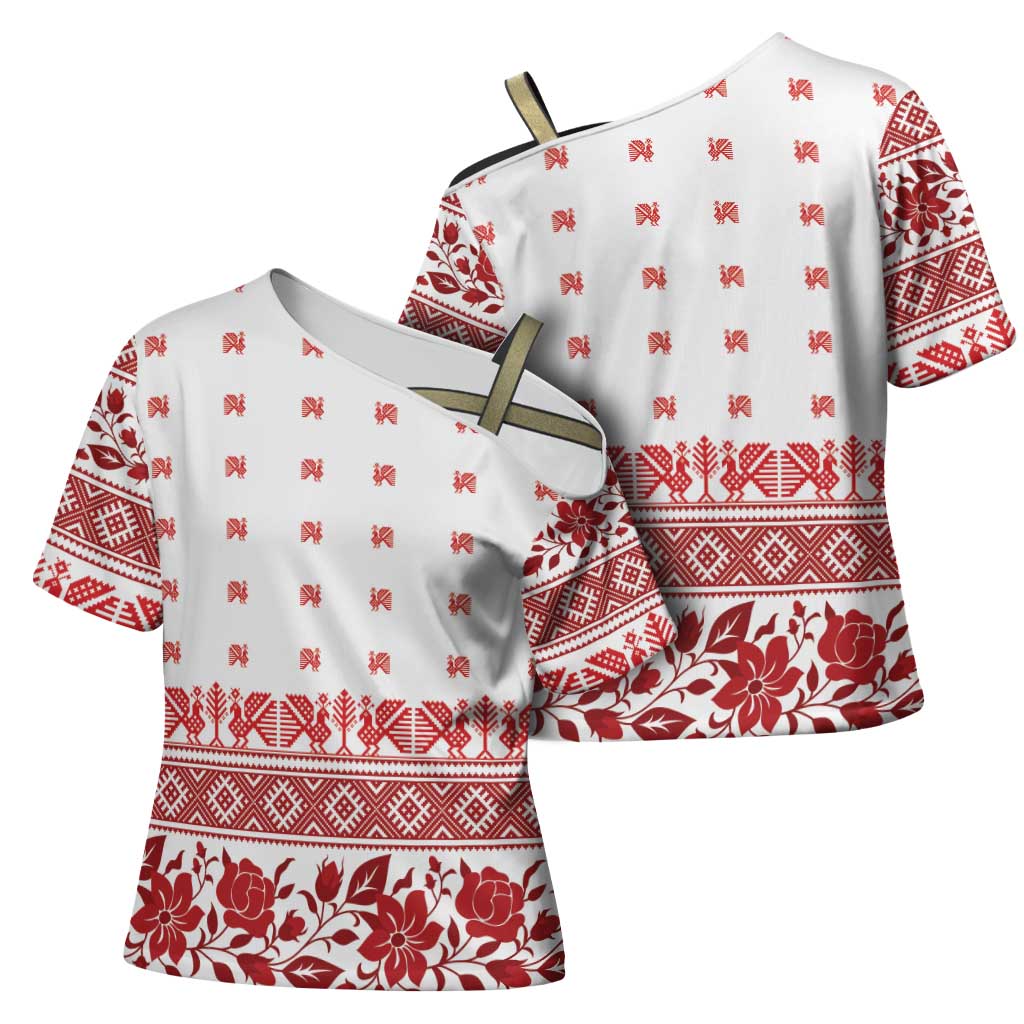 Antique Croatia Folk Embroidery Inspired Pattern Cross Shoulder Shirt Roses and Peacocks - Wonder Print Shop