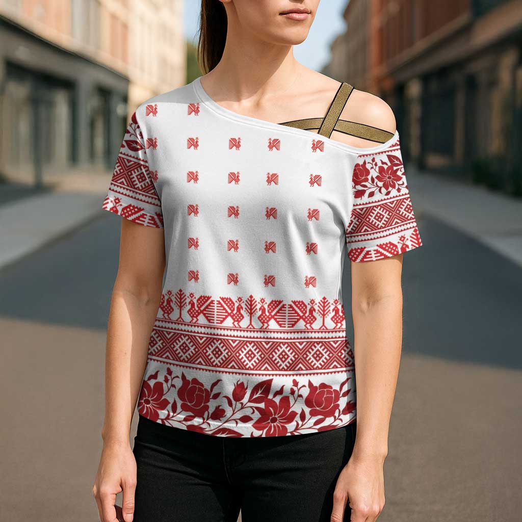 Antique Croatia Folk Embroidery Inspired Pattern Cross Shoulder Shirt Roses and Peacocks - Wonder Print Shop
