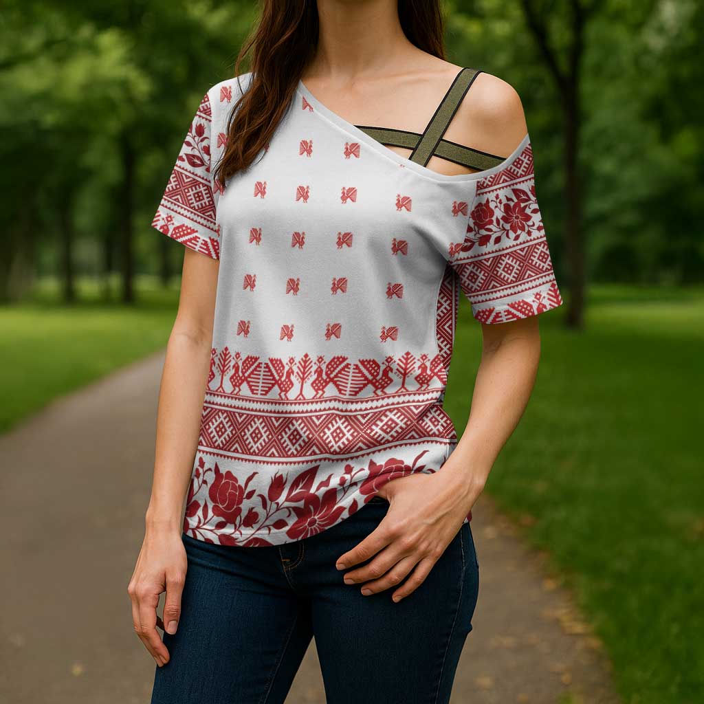 Antique Croatia Folk Embroidery Inspired Pattern Cross Shoulder Shirt Roses and Peacocks - Wonder Print Shop